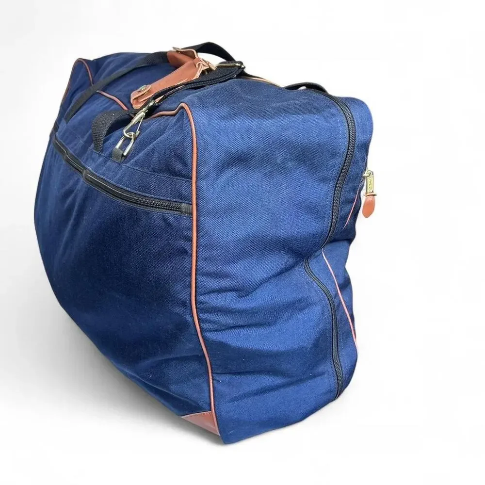 L.L. Bean 90s Vintage Duffle Travel Bag Shoft Shell Suitcase Blue Nylon Leather